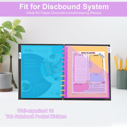 11 -Discbound Pocket Divider with 8 Tabs,2 Set Letter Size Tul Notbook Divider Folder Dis Planner Inserts for for Document Discbound System, Office Home School（16PCS