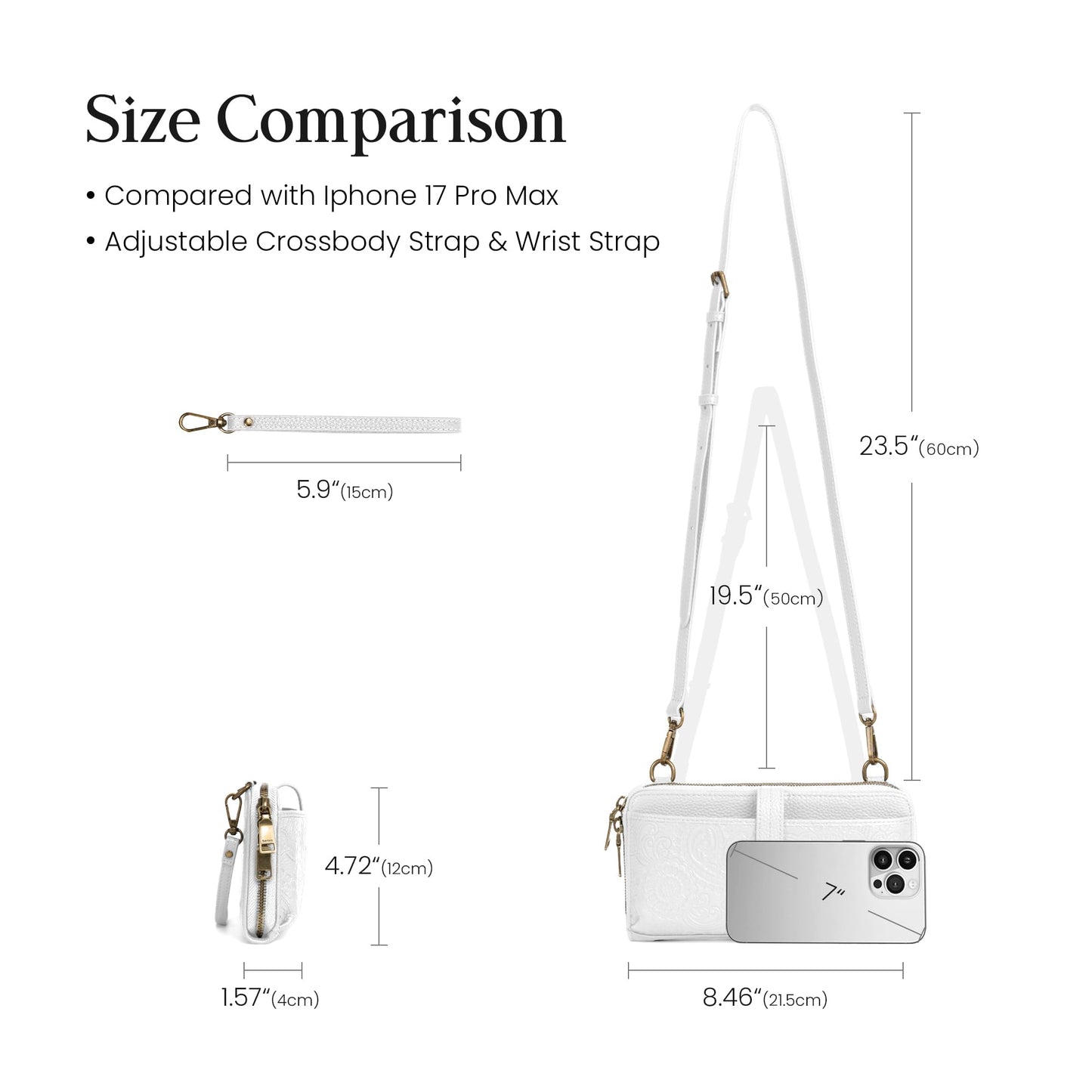 befen Genuine Leather Wallet Purse for Women, White Purse Cell Phone Crossbody with Built in Wallet Soft Real Leather Crossbody Bag with RFID Blocking Travel Small Cluth Purse with 2 Removable Strap
