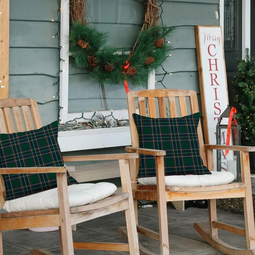 RABUSOFA Christmas Pillow Covers 18x18 Inch Set of 2 Indoor Outdoor Waterproof Scottish Tartan Plaid Classic Throw Decorative Cushion Cases for Christmas Decor Decorations Couch Patio Dark Green
