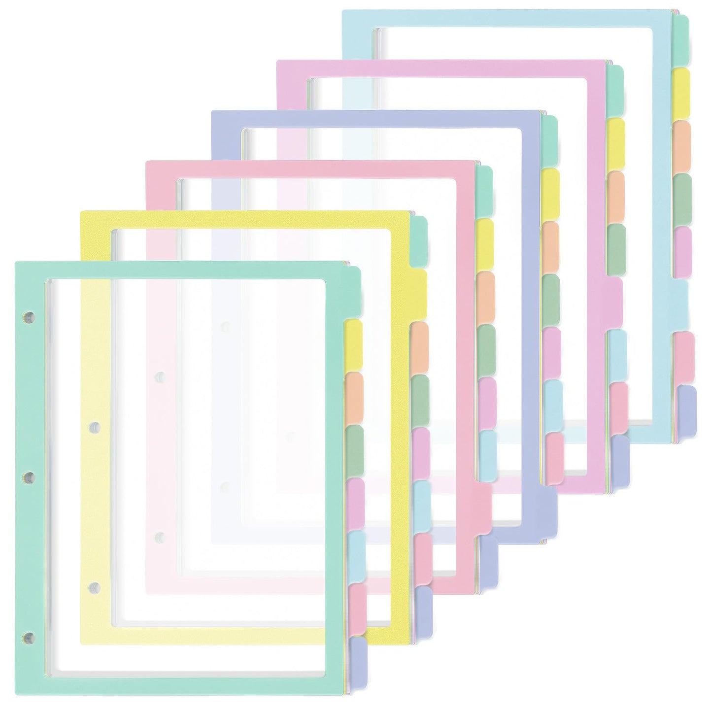 gisgfim 48Pcs/6 Set 8 Tab Dividers for 3 Ring Binder 8 Color Clear Plastic Binder Divider with Tabs 3 Hole Punched Folder Dividers Sheet Protector Binder Index Divider for School Office