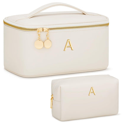 CLOUDWINGS Personalized Initial Makeup Bag Gifts for Women, Large Travel Cosmetic Organizer with Handle & Divider, PU Leather Toiletry Bag for Girls, Birthday Bridesmaid Gift Set - Beige - A