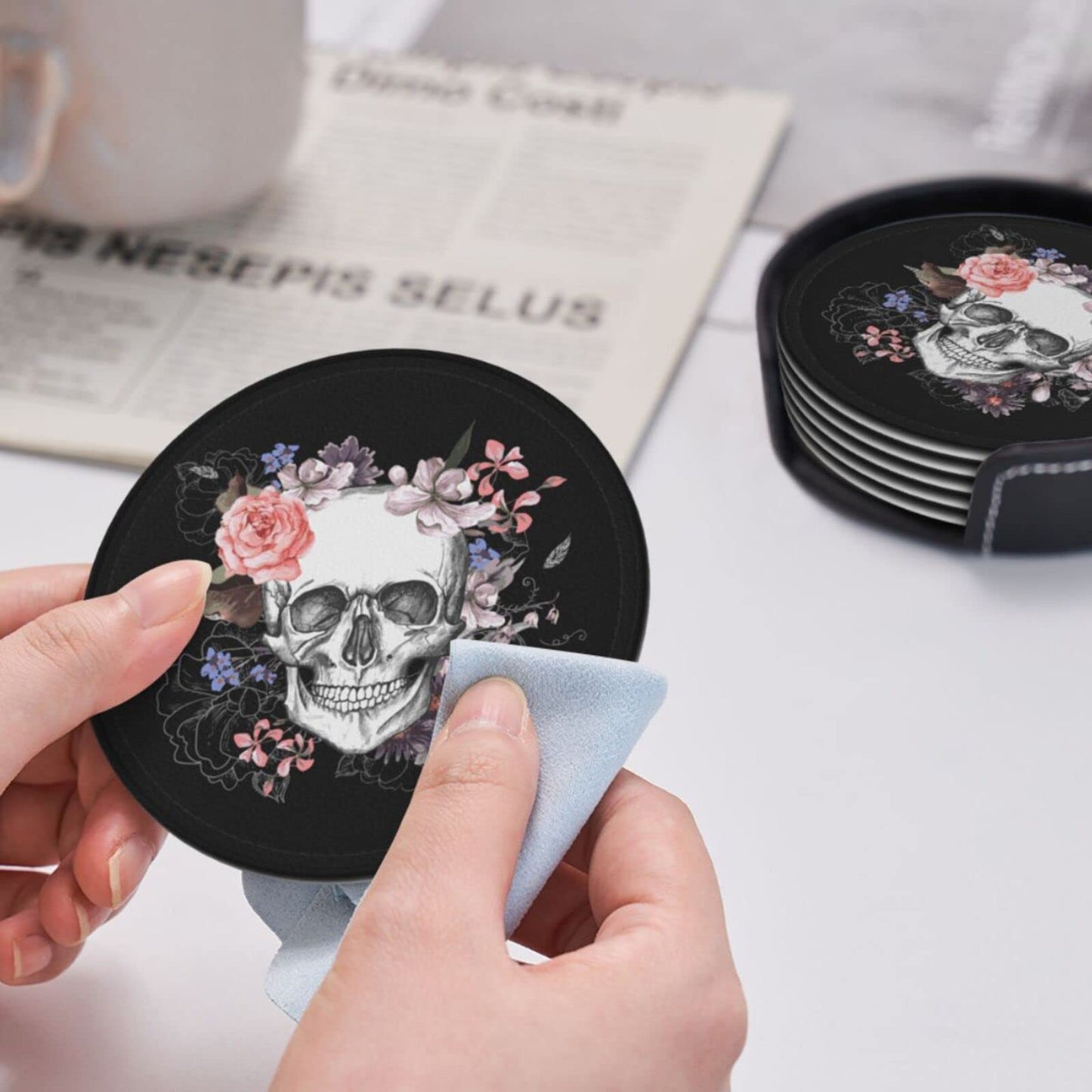 Niukom 6 Pcs Sugar Skull Flower Leather Coasters for Drinks with Holder Coaster Sets Drink Table Cup Coasters for Living Room Kitchen Coffee Decor