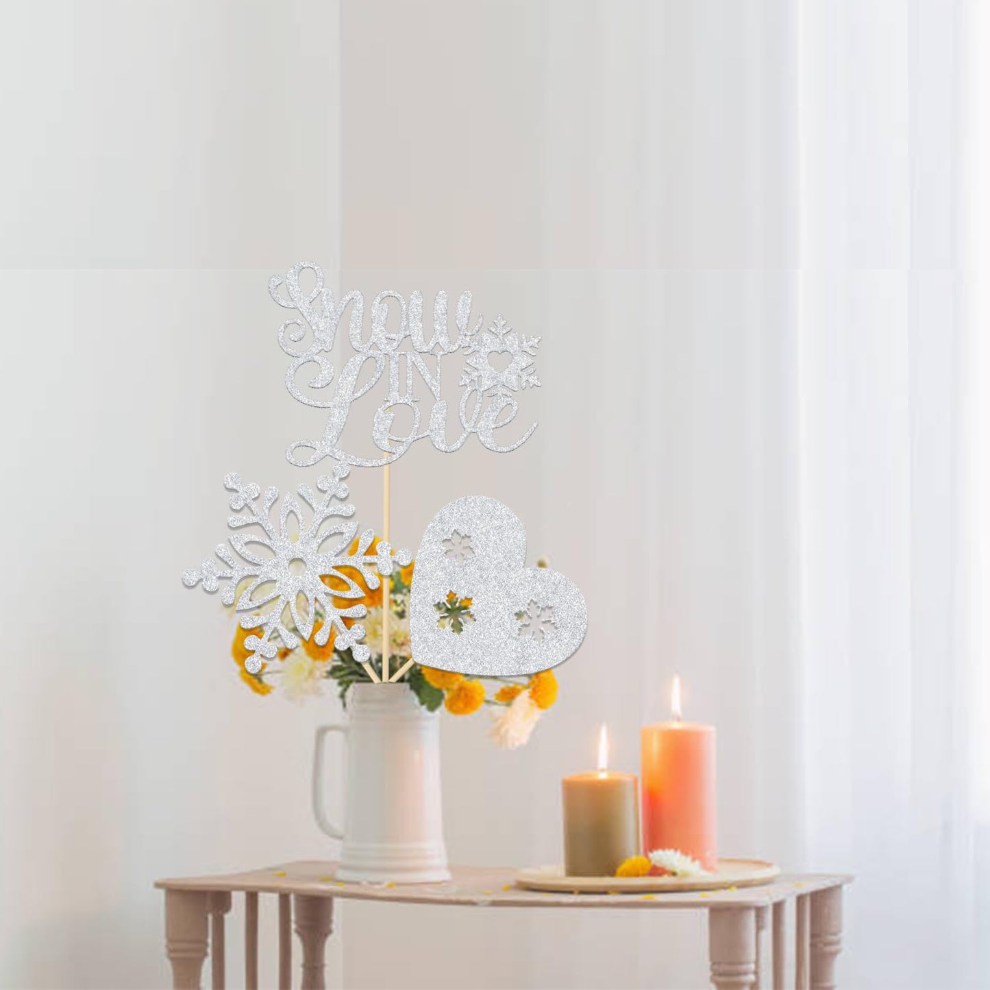 12Pcs Snow in Love Centerpiece Sticks - Winter Bridal Shower Table Decorations - Winter Snowflake Theme Party Decoration Silver Glitter