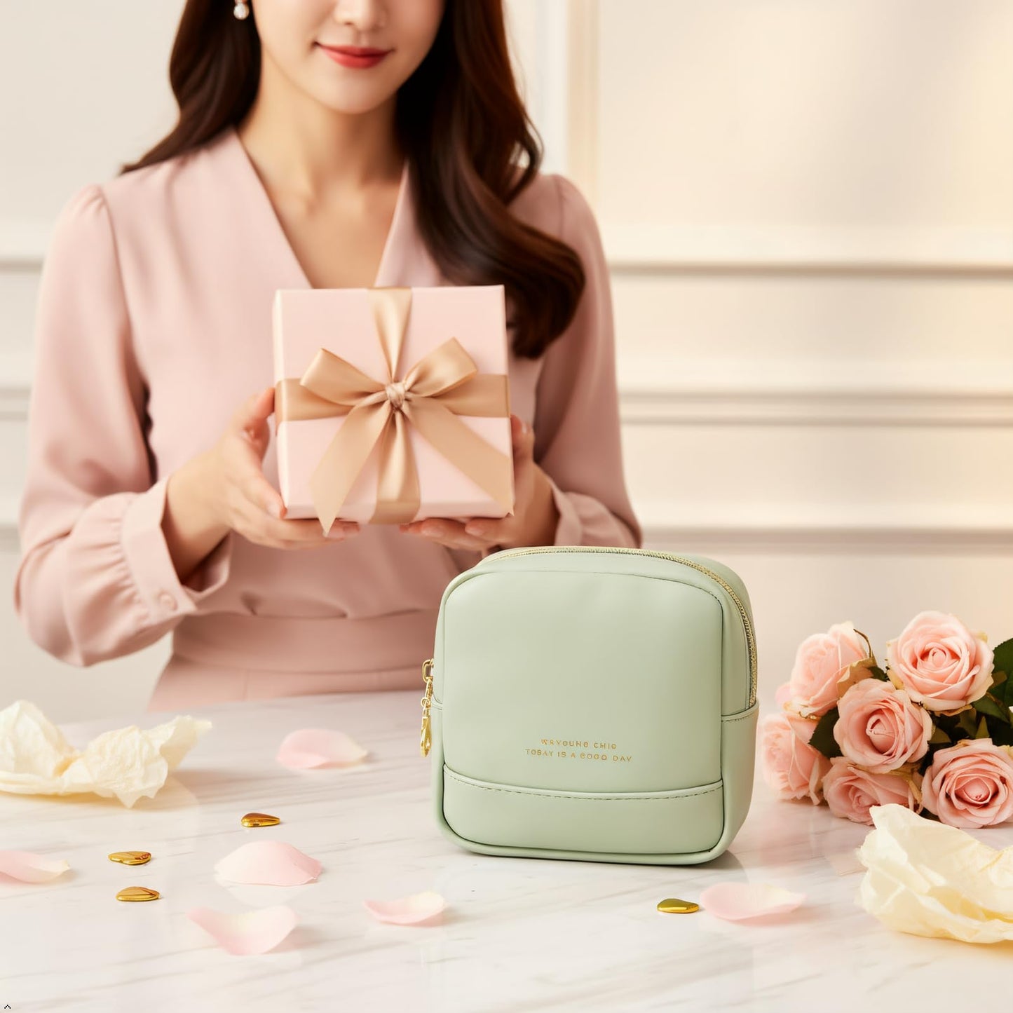 JINSI Small Makeup Bag for Purse,PU Leather Cute Travel Cosmetic Pouch Mini Make Up Bag for Organizer Toiletry Case for Women Girls with Interior Pockets and Zipper (Green)