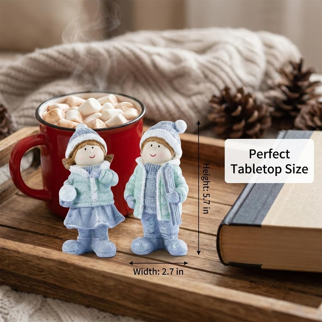 Brizoria Miniature People Figurines Set of 2 Glitter Resin Boy and Girl Winter Decorations for Home Indoor Tabletop Mantel Shelf Cute Christmas Home Decor Small Tiny People Figurines