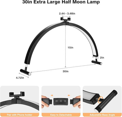 Nail Light for Desk, 30'' LED Half Moon Lamp for Nail Techs, Manicure and Handicraft, Adjustable Color Modes and Brightness, with Phone Holder (Black)