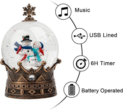 Christmas Snow Globe Lantern Water Glittering Snowman Family Crown with Music, USB Lined/Battery Operated Lighted Lantern for Christmas Festival Decoration Gifts