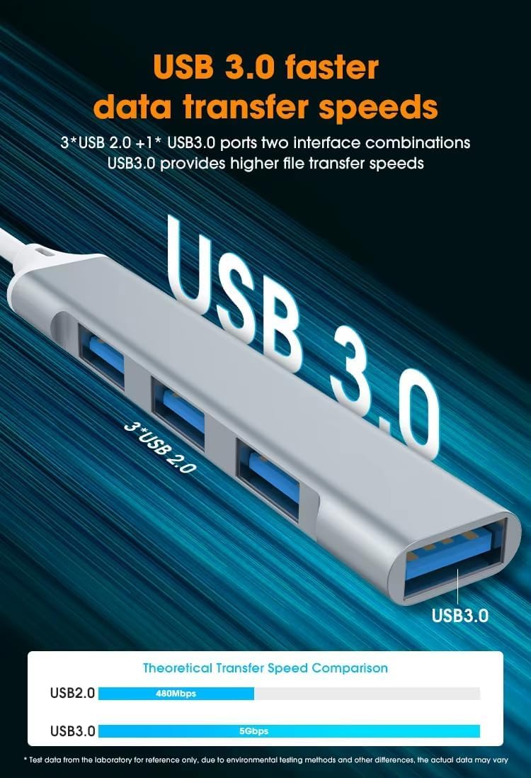 USB C to USB Hub Adapter, 4 Port (1 USB 3.0 + 3 USB 2.0), 5Gbps High Speed Data, Slim Aluminum Type C Hub for MacBook & USB-C Laptops (Silver)