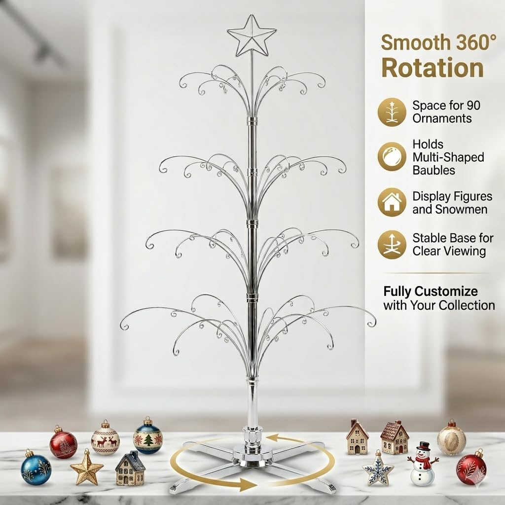 HOHIYA 74” Rotating Ornament Display Tree with 90 Hooks Heavy Duty Metal Christmas Ornament Stand Chrome Silver Holiday Display Rack Christmas Tree Alternative