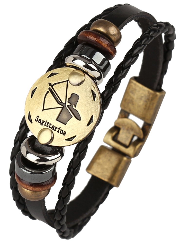 Hamoery Punk Alloy Leather Bracelet For Men Constellation Braided Rope Bracelet Bangle Wristband(Sagittarius)