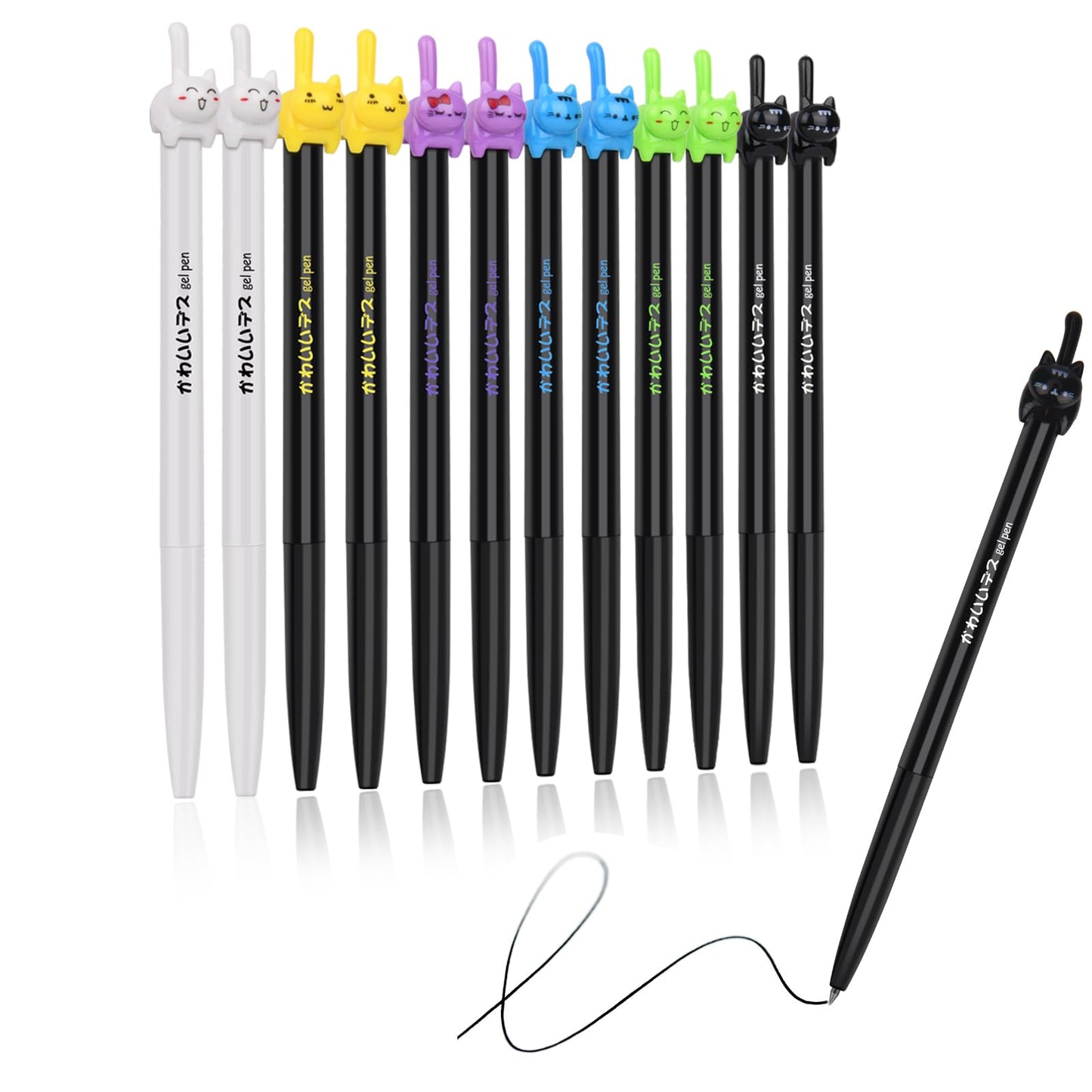 RECHENG retractable cat gel pens,Fine Point 0.5mm black ink,Cute kitty fun ball point pens for girls School Office Supplies,12pcs fun pens.