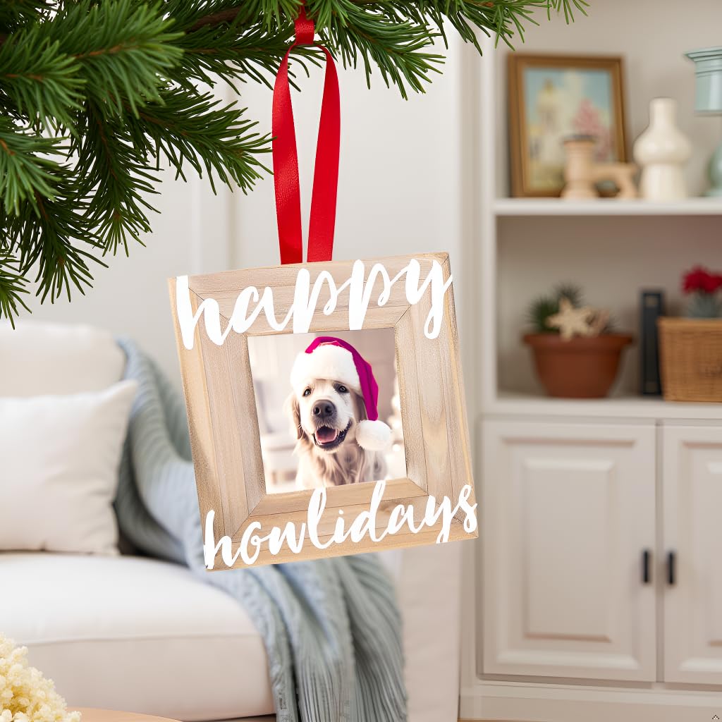 Pearhead Happy Howlidays Wooden Christmas Photo Ornament, Rustic Dog Picture Frame Christmas Tree Keepsake