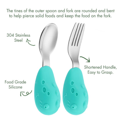 YIVEKO Baby Fork and Spoon Set with Carry Case Baby Training Utensils Self Feeding Toddler Silverware Silicone and Stainless Steel Kids and Toddler Utensil Set-Dinosaur