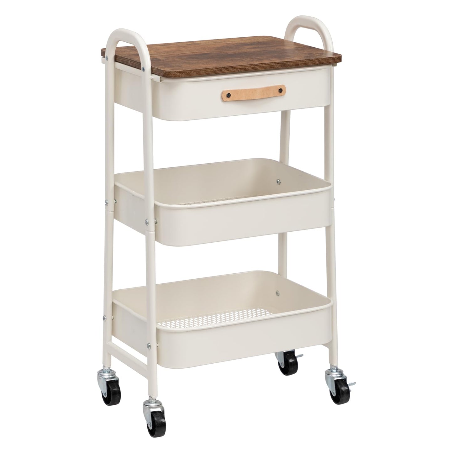 AGTEK 3 Tier Rolling Utility Cart Organizer with Drawer, Metal Craft Cart with Wheels for Bathroom, Kitchen, Office, Nursery Diaper, White