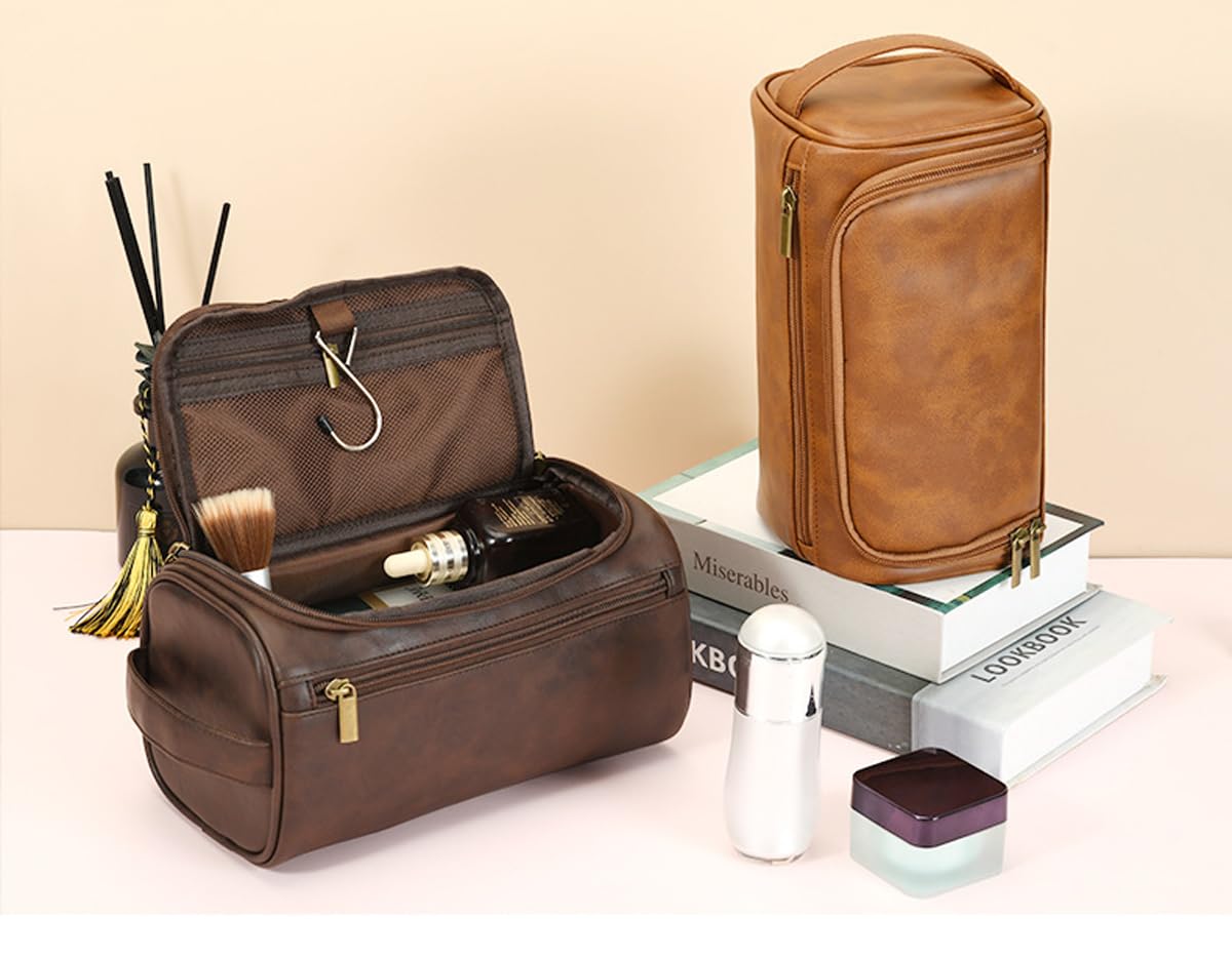 RC ROCKCOW Toiletry Bag for Men, Travel Shaving Dopp Kit Water-resistant Bathroom Toiletries Organizer PU Leather Cosmetic Bags