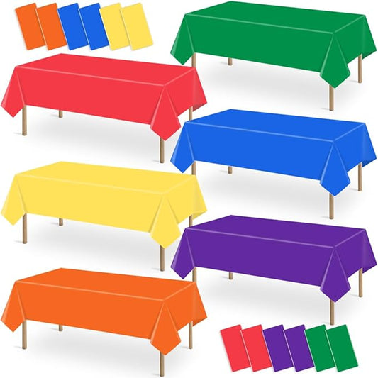 12 Packs Disposable Plastic Tablecloths 54 x 108 Inch Rainbow Color Table Cloths Colorful Rectangle Waterproof Table Covers for Birthday Wedding Picnic Theme Party Decoration