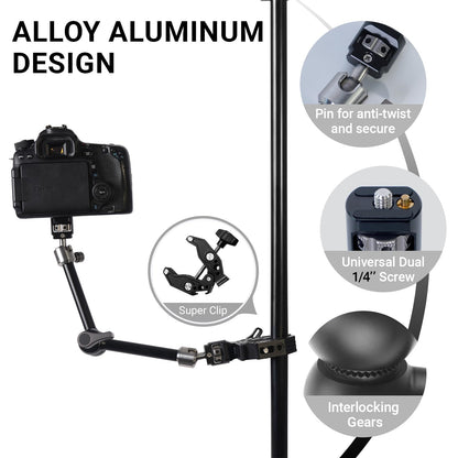 Heavy-Duty Articulating Magic Arm Mount with Super Clamp, 360° Dual Ball Head & 1/4" ARRI Locating Pin&Holes, Camera Monitor Mount for Action Camera Video LED Light (11" Magic Arm w/Clamp)