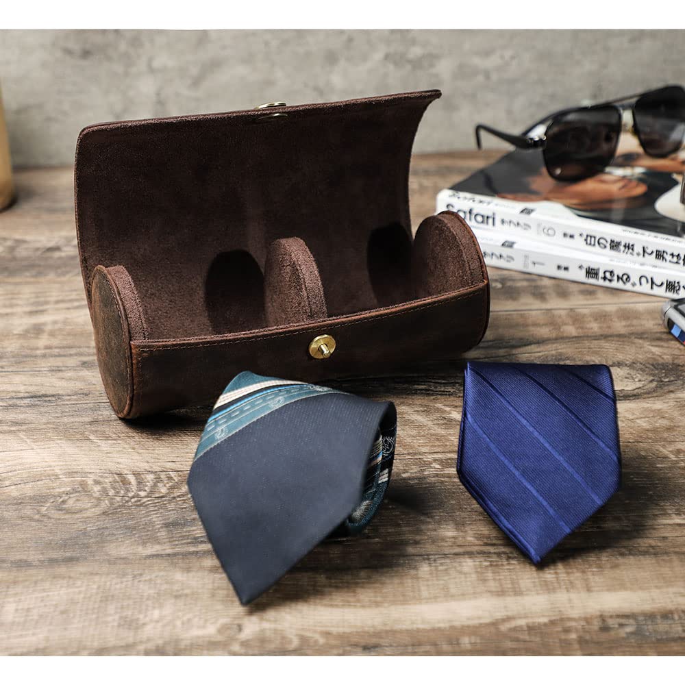 CONTACTS Tie Travel Holder for Men Crazy Horse Leather Handmade Ties Case Small Neckties Organizer Mens Tie Anti Wrinkle Storage Roll