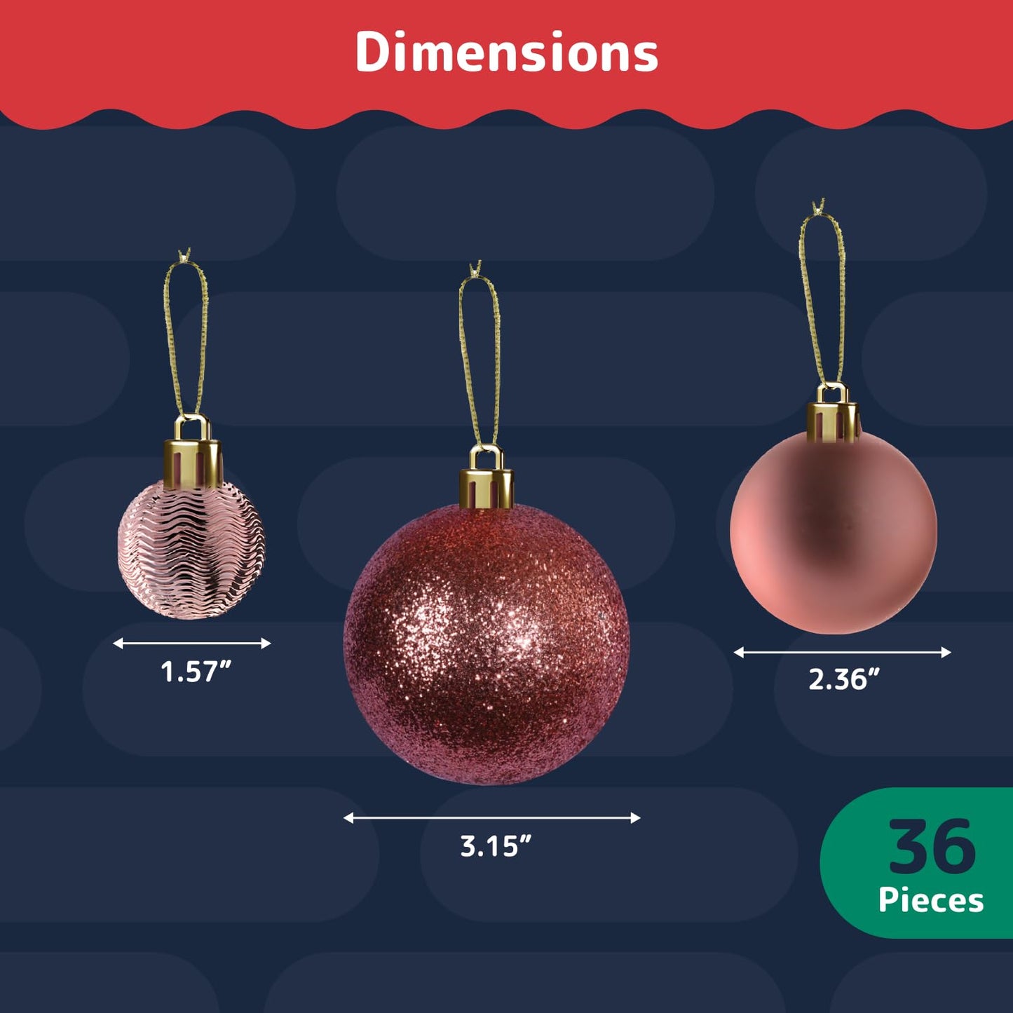 Prextex 36-Pieces Champagne Christmas Ornaments Set - Shatterproof, Festive Christmas Balls Decorations in 3 Sizes and 6 Styles with Hanging Loops for Tree, Wreath, and Dazzling Holiday Party Decor