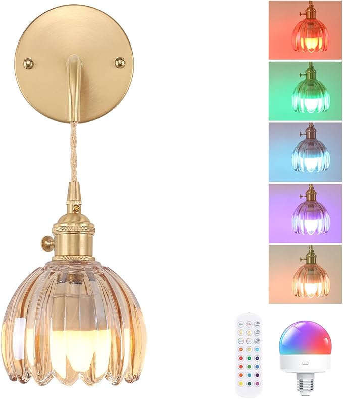 Battery Operated Wall Sconce with Amber Tulip Shade Pattern Glass Adjustable Chain Retro Gold Wall Mounted Light, Modern Wall Lamp Fixtures Decor for Bedside Bedroom Indoor Doorway
