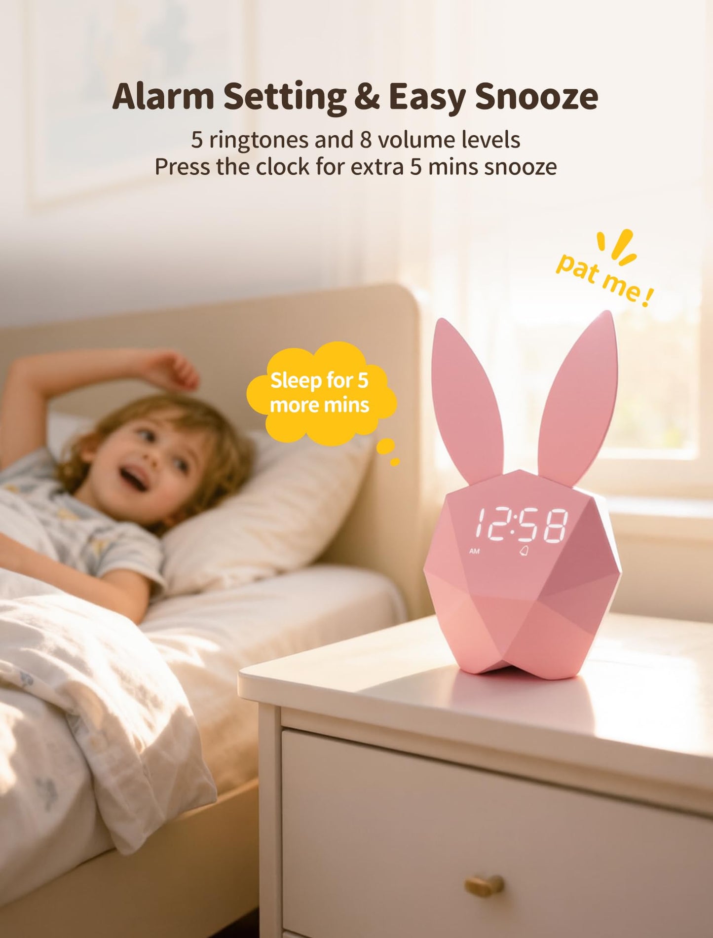 MASHI Bunny Kids Alarm Clock for Girls, Pink Alarm Clock with Night Light & Snooze, Sound Activated Digital Clock, 5 Ringtones & Adjustable Volume,Gift Ideas for Kids Girls Teens Room Decor (Pink)