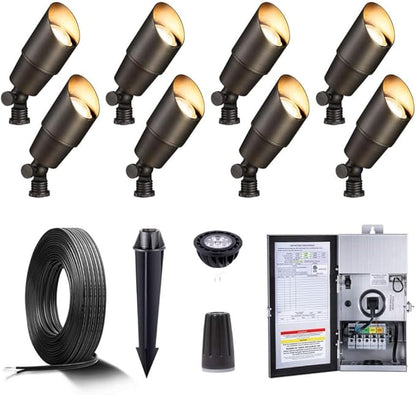 Gardenreet Brass Low Voltage Landscape Spotlights(8-Pack) Kit 12V LED with 150W Low Voltage Transformer and Mechanical Timer and 100FT Wire and 40Pack Connectors for Outdoor House Garden Patio