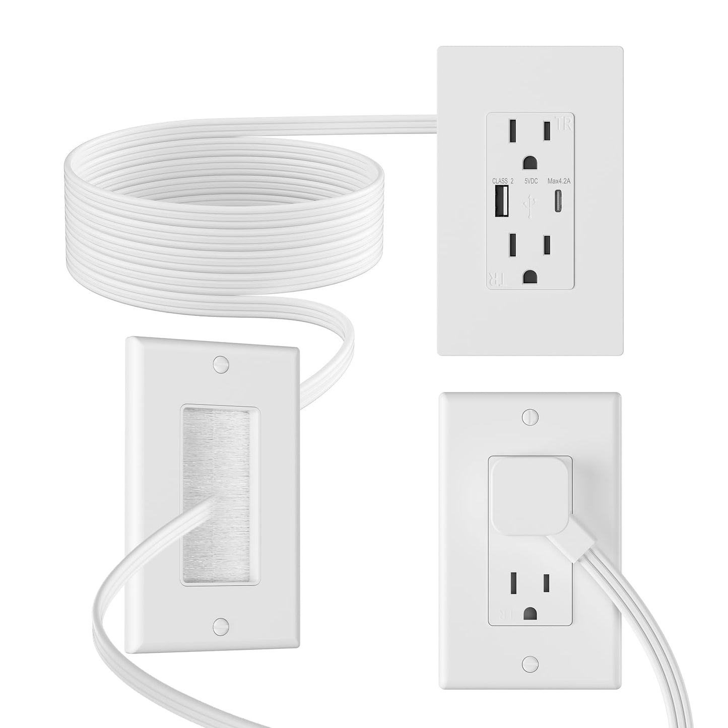 Outlet Relocation Kit,in Wall Cable Management Kit,2 AC+USB-A+USB-C,Power Relocation Kit for Unreachable Outlets,7.8ft in Wall Outlet Extender for TV,Home Theater，Sofa,Desks,Nightstands