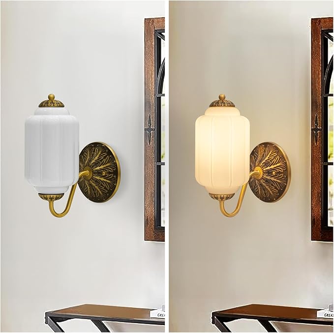 Vintage Mike White Glass Wall Sconce - Milk Glass Shade Antique Brass Indoor Wall Light for Bedroom, Living Room, and Hallway