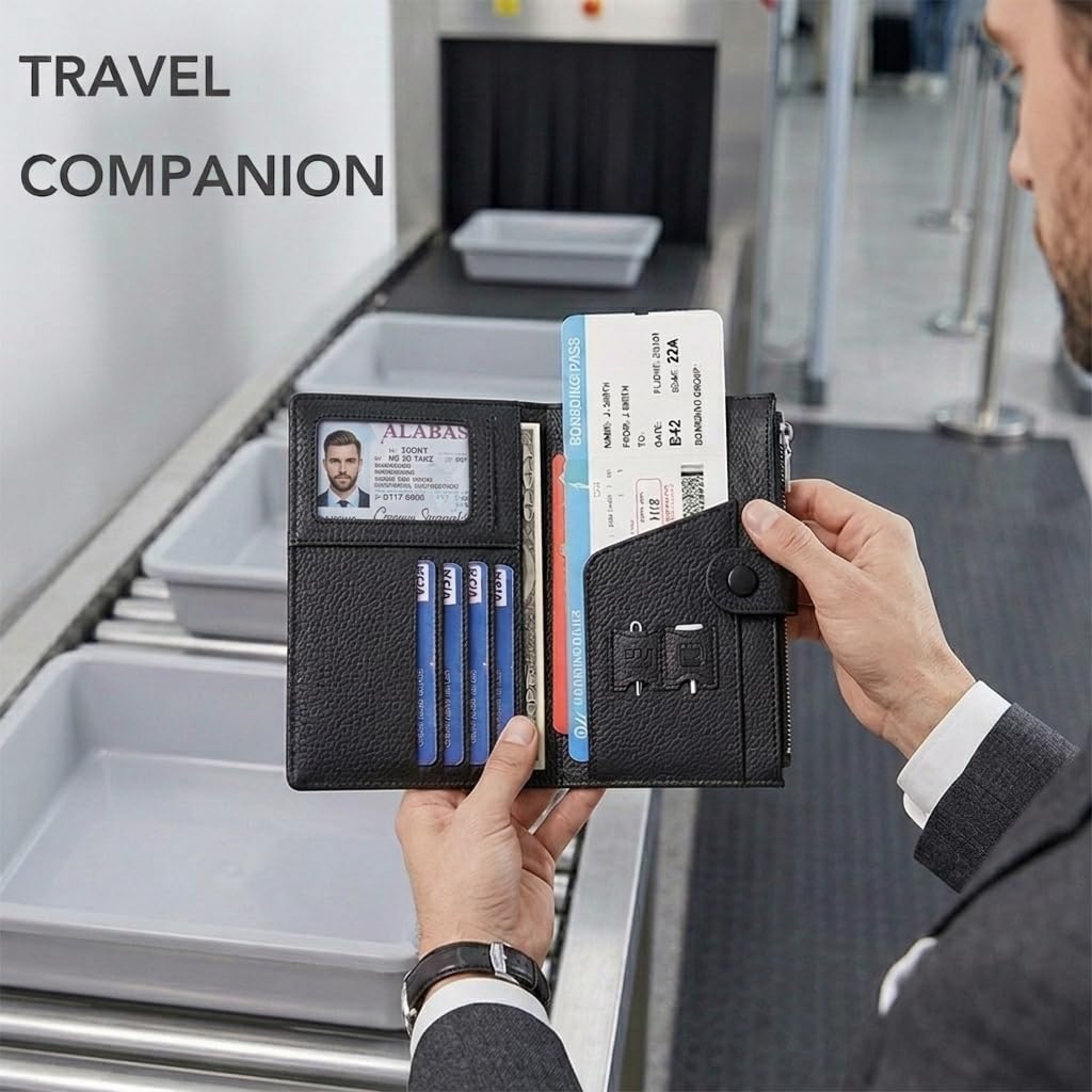 Genuine Leather Passport Holder for International Travel, RFID Blocking Compact Travel Wallet with Card Slots, Zipper Coin Pocket and SIM Slots, Slim Passport Cover Case, Black