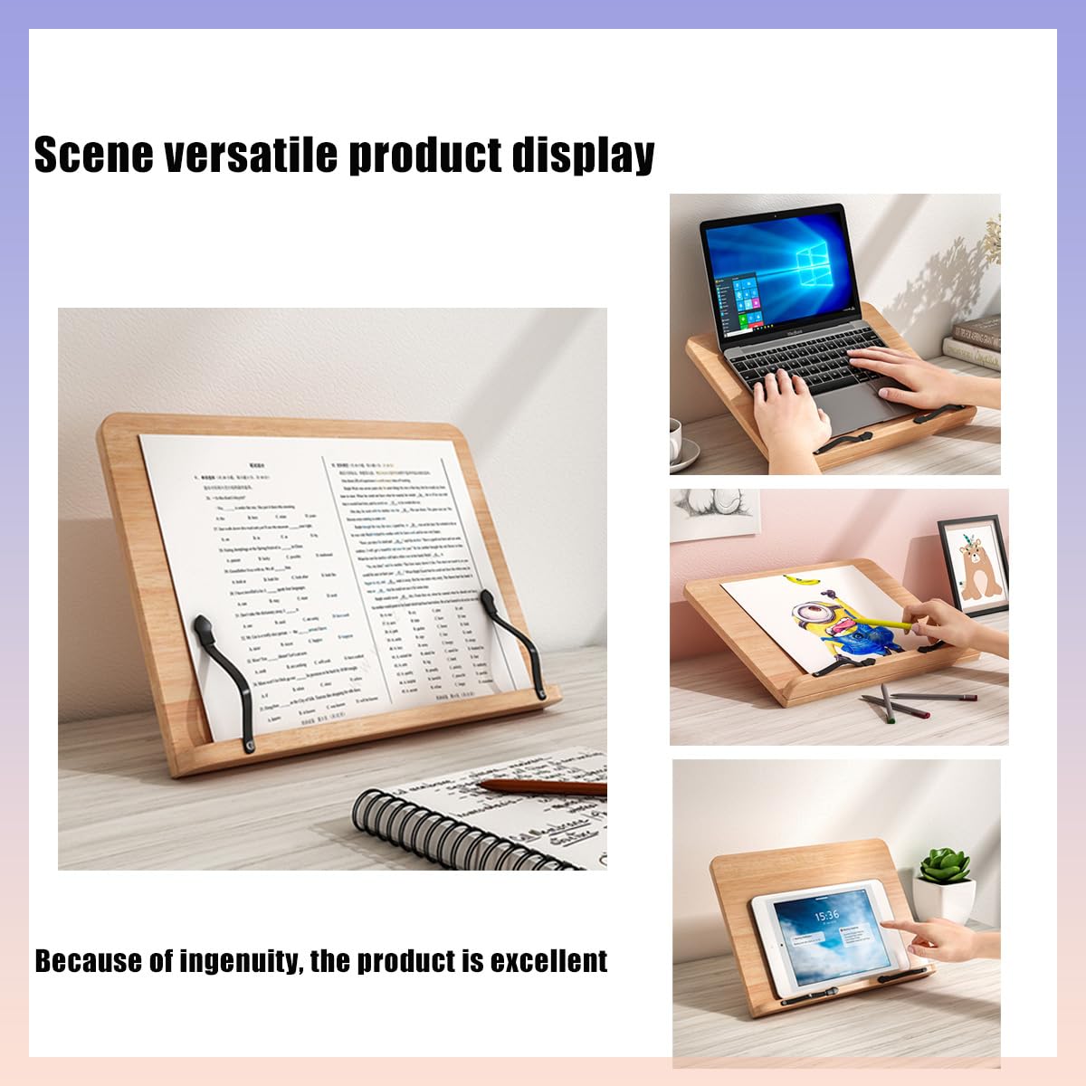 Bamboo Book Stand with Page Clips - Adjustable Holder for Cookbooks/Textbooks, Stable Lightweight Portable Reading Desk (Natural Bamboo)