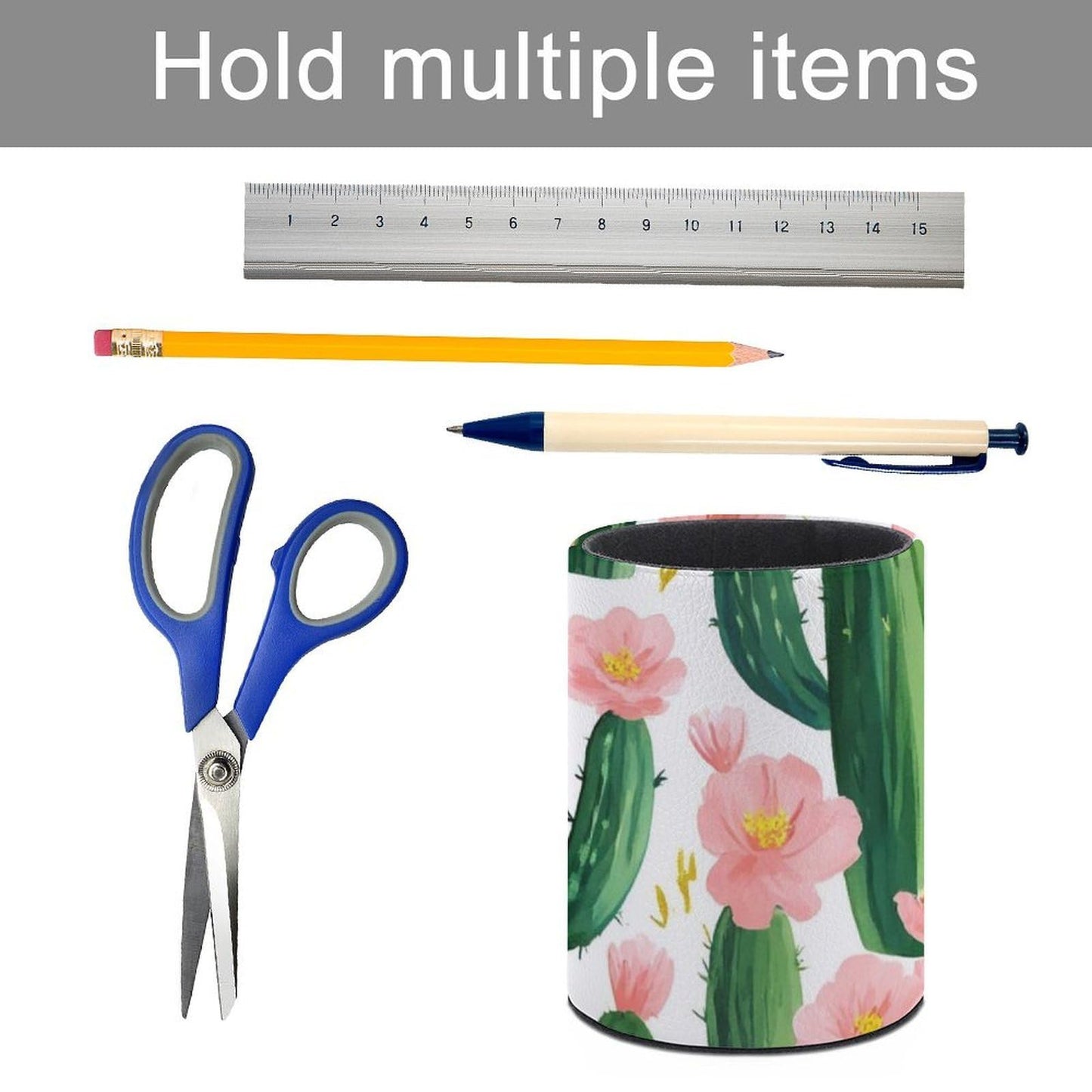 UTRSIFB Pen Holder Leather Pencil, Holder Cup Makeup Brush Storage Organizer, Waterproof Multifunctional Office Supplies Floral Cactus Flowers