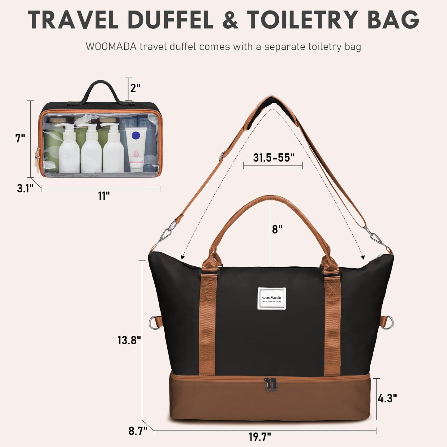 WOOMADA Weekender Overnight Bag for Women, Carry on Shoulder Travel Duffel with Shoes Compartment,Gym Bag with Toiletry Bag(black&coffee&brown)