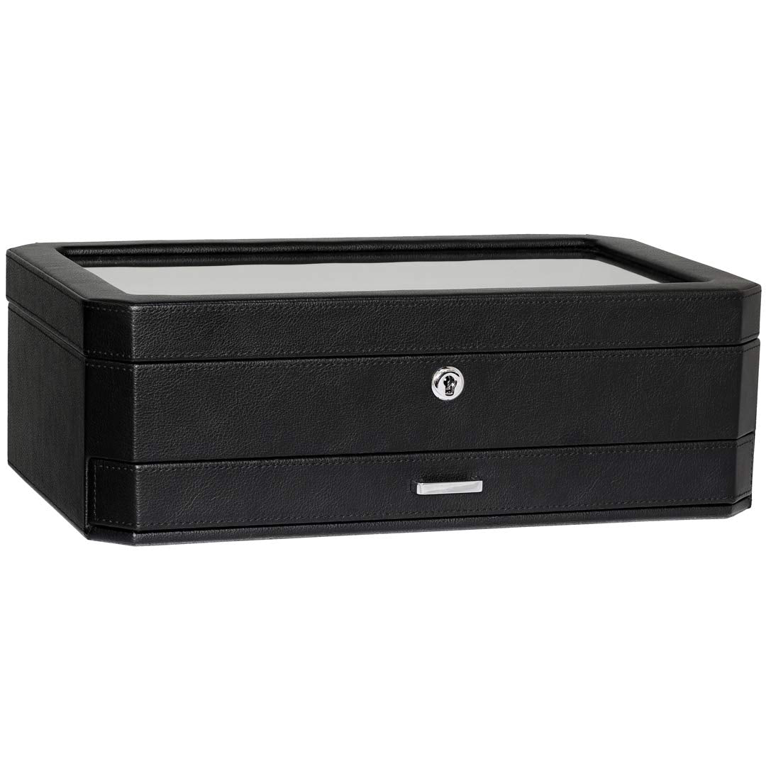 ROTHWELL 12 Slot Leather Watch Box with Valet Drawer - 12 Slot Luxury Watch Case Display Organizer, Microsuede Liner, Mens Accessories Holder, Jewelry Case, Jewelry Display Organizer (Black/Red)
