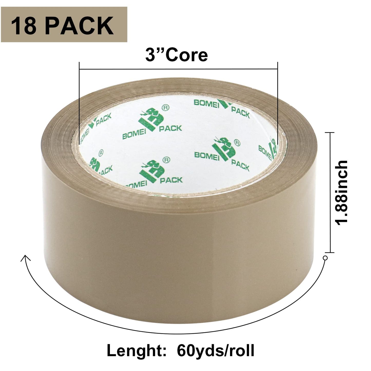 BOMEI PACK 18Rolls Brown Packing Tape, Brown Packaging Tape for Shipping, Moving and Storage, 2.4Mil 1.88 Inch x 60 Yard