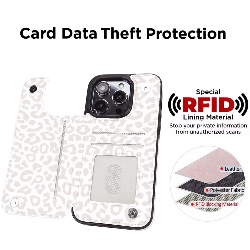 uCOLOR Compatible with iPhone 15 Pro 6.1" Wallet Case with Card Holder Slot Folio Flip PU Leather Kickstand Double Magnetic Clasp and RFID Blocking Design Cover 6.1 Inch (Beige Leopard)