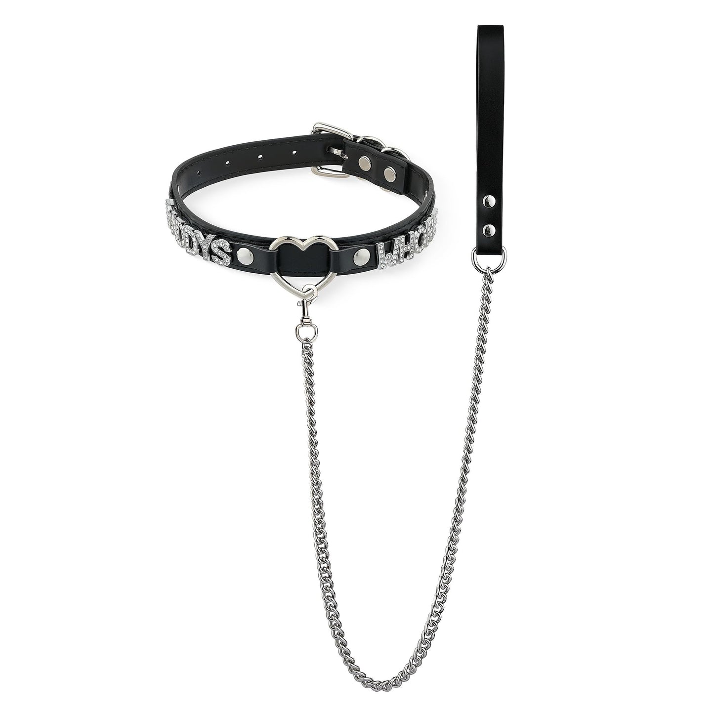 ADEMISHIA Black Heart O-ring Leather Collar and Leash Set, Adjustable Gothic Choker Necklace with Rhinestones Letters 38 Inches Durable Aluminum Chain Leash