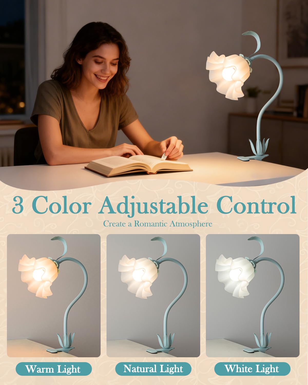 WERFOP Flower Lamp Clip on Light, 3 Color Modes Eye-Caring Desk Lamp with Clamp, Dorm Room Essentials, Flexible Neck Reading Clamp Lamps for College Bedside Bookshelf Studying Room (Powder Blue)