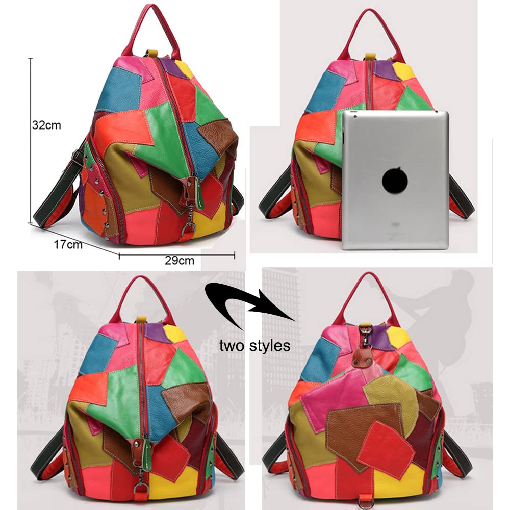 Downupdown Genuine Leather Backpack Contrasting Multicolor Splicing Backpack Fashion Large Capacity Travel Backpack-Black