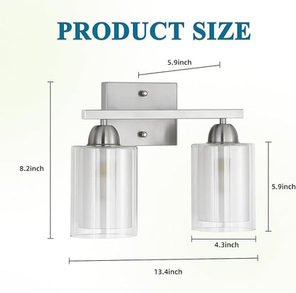 Stainless Steel Bathroom Vanity Light Over Mirror, 2 Light Brushed Nickel Bathroom Light Fixtures with Milk Glass and Clear Glass Shades, Modern Vanity Lighting Wall Mount