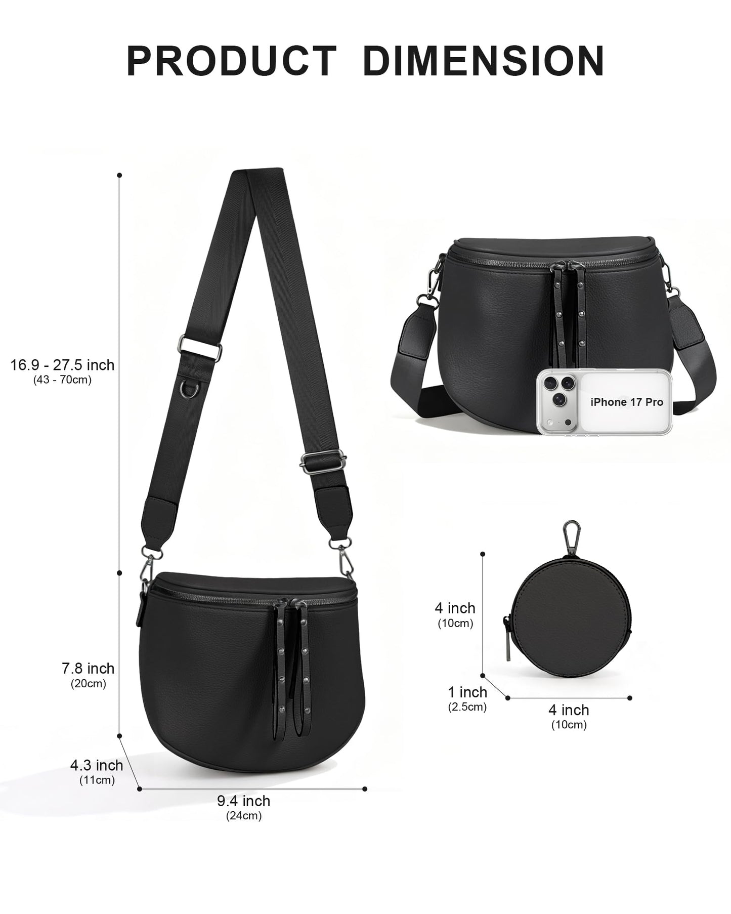 CHERUBEL Crossbody Bags for Women, Large Vegan Leather Trendy Bum Bag (Black)