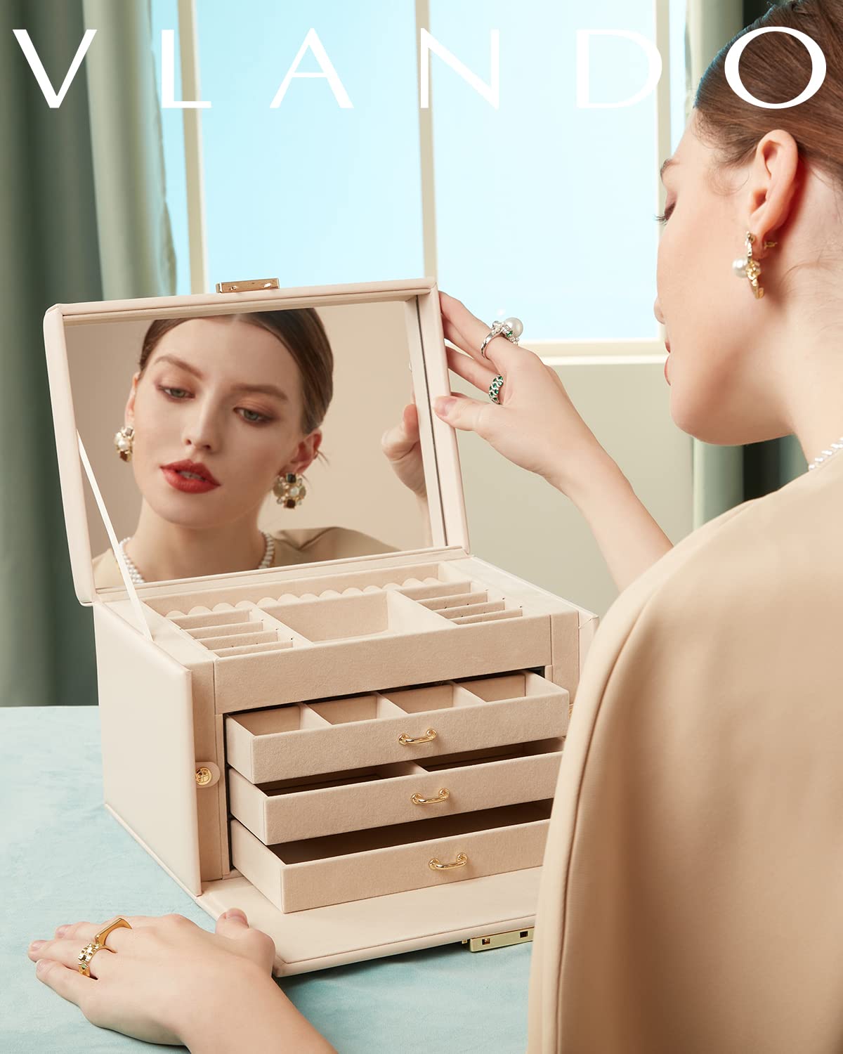 VLANDO Jewelry Box for Mothers Day Teacher Appreciation Gifts, 4-Tier Jewelry Organizer with Lock, Mirror Jewelry Box for Earring, Ring, Necklace, Jewelry Storage for Women Girls - Beige