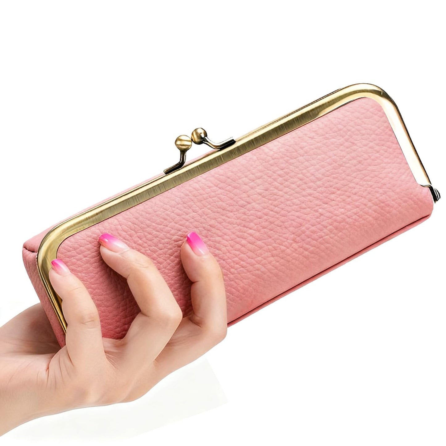 LIYAZHIL Leather Sunglasses Case, Soft Glasses Bag with Kiss Lock Vintage Eyewear Storage for Men and Women (Pink)