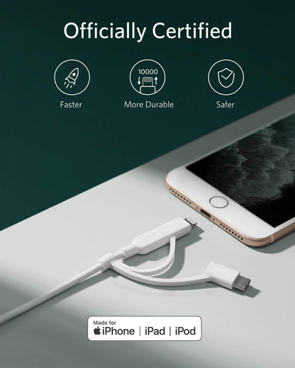 Anker Powerline II 3-in-1 Cable, Lightning/Type C/Micro USB Cable for iPhone, iPad, Huawei, HTC, LG, Samsung Galaxy, Sony Xperia, Android Smartphones, iPad Pro 2018 and More(3ft, Black)