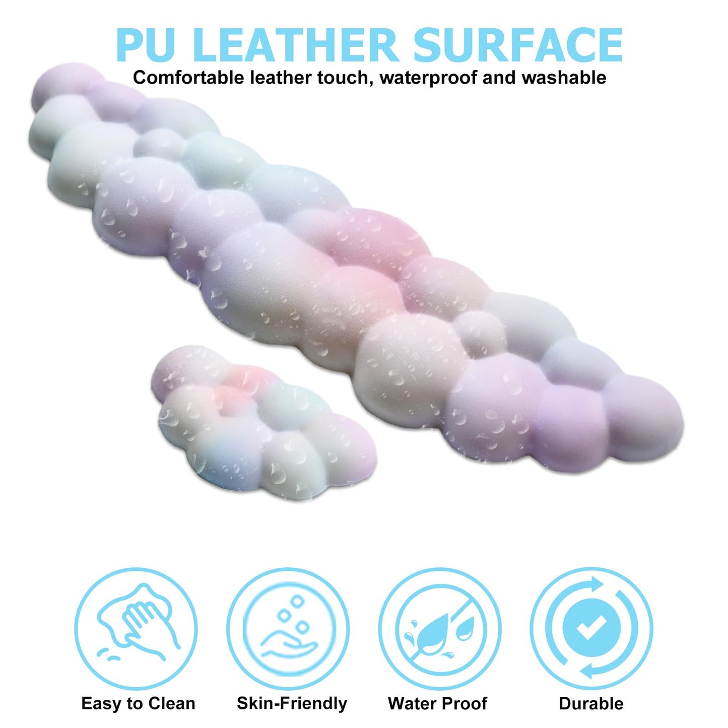 Cloud Wrist Rest Keyboard, PU Leather Memory Foam Wrist Support for Computer Keyboard, Ergonomic Keyboard Pad and Cute Mouse Wrist Pad for Gaming, Office, Computer, Easy Typing Pain Relief, Rainbow