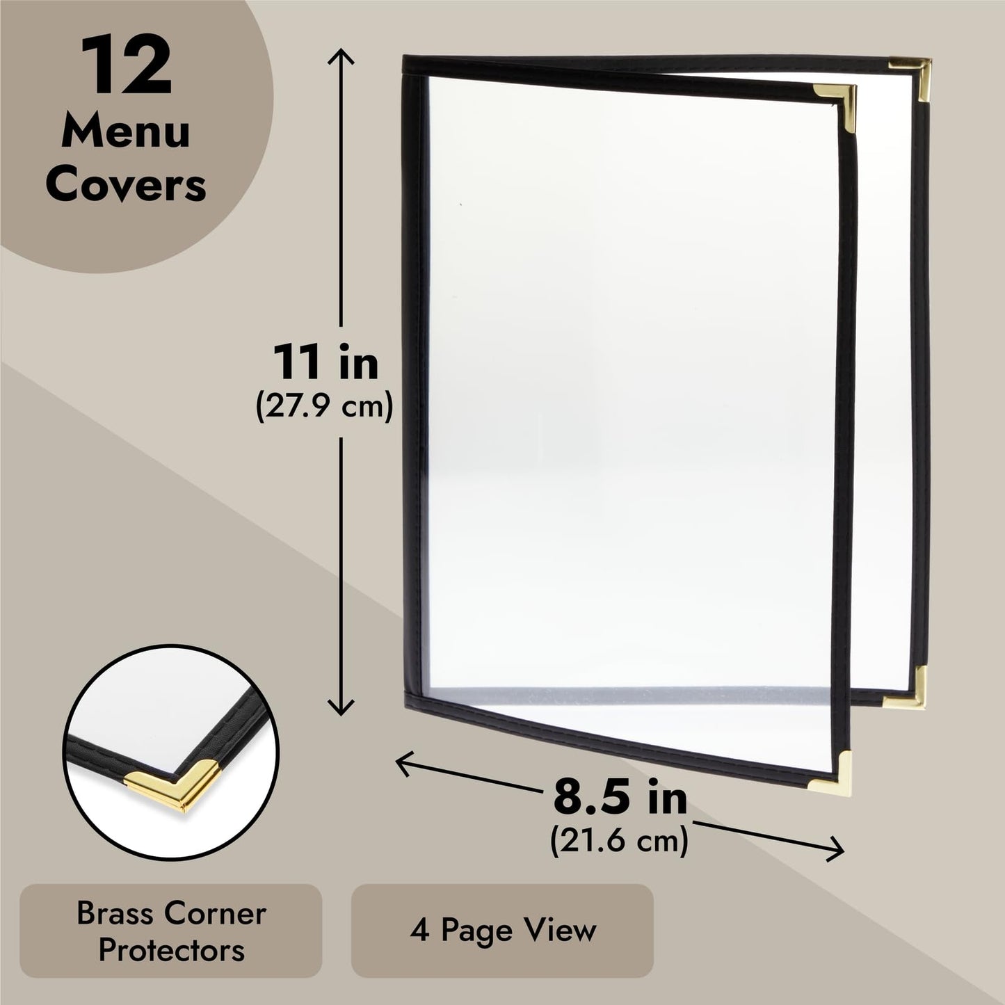 Juvale Clear Menu Covers 8x11 in 4 View - 12-Pack, Letter Size Black PU Leather - Double Panel Clear Sleeves & Gold Metal Corners - Menu Holders for Restaurants & Bars