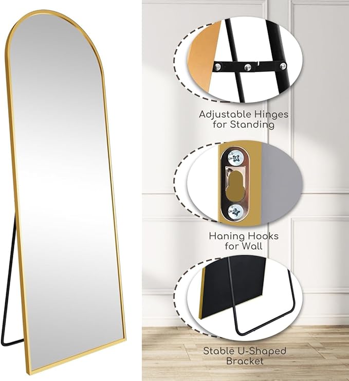 Arched Floor Mirror, 76 "x 34" Full Length Mirror Wall Mirrors Hanging or Leaning Arched-Top Full Body Mirrors with Stand for Bedroom, Dressing Room, Gold