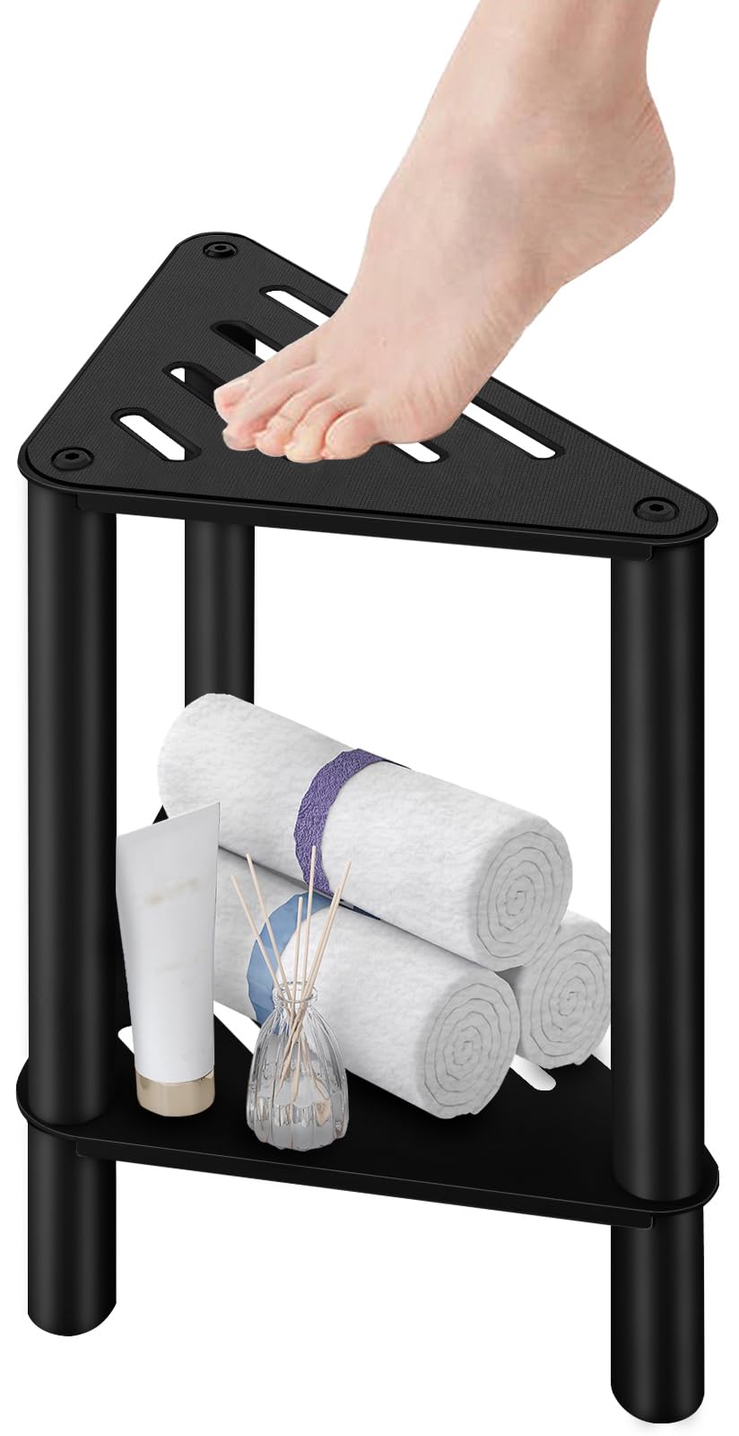 VOTZAAQ Shower Foot Rest, Shower Stool for Inside Shower, Stainless Steel Waterproof Shower Stool for Shaving Legs - Corner Bathroom Bench Seat with Storage Shelf for Small Shower Spaces