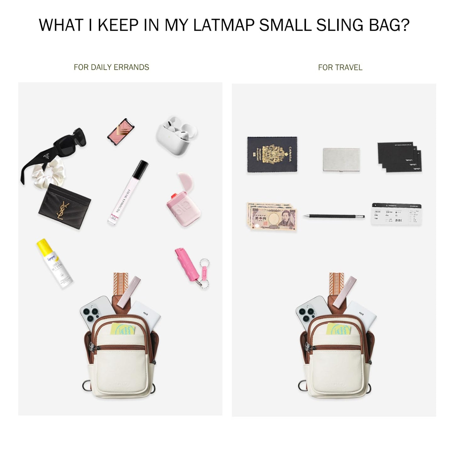LATMAP 3L SMALL Sling Bag Fanny Packs For Women Men Mini Crossbody Chest Belt Travel Bag Purse Handbag Faux Leather Fashion Cute Beige