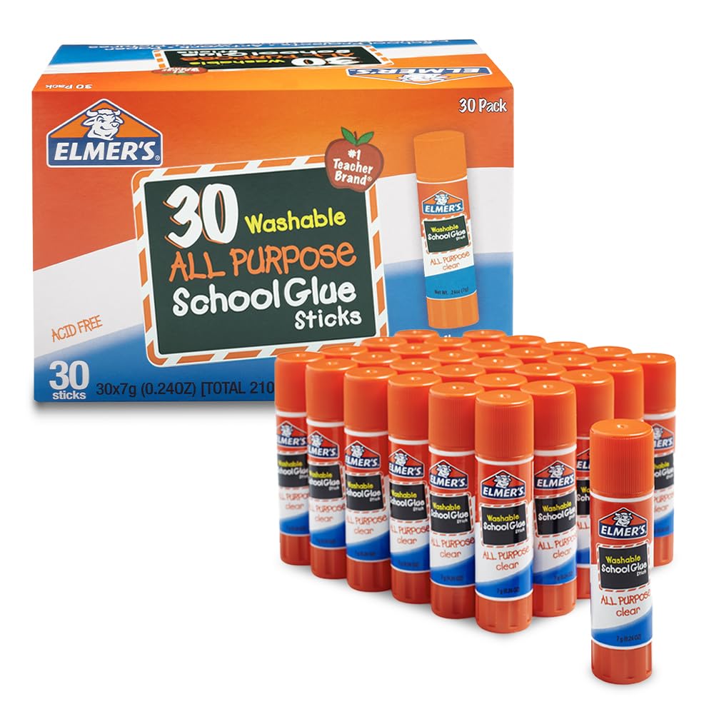 Elmer's All Purpose School Glue Sticks, Acid-Free and Washable, Clear, 7 Grams, 30 Count - Craft Projects, Poster, Classroom Supplies, #1 Teacher Brand