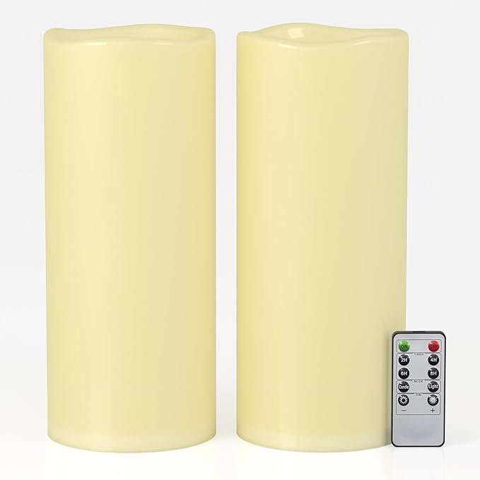 12" x 5" Ivory Large Waterproof Outdoor Flameless Candles Battery Operated LED Flickering Pillar Candles with Remote and Timer for Indoor Outdoor Lanterns, Long Lasting, Set of 2
